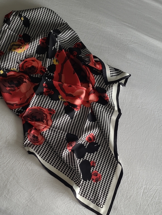 Kenzo Accessories - Kenzo Black, White & Red Floral Houndstooth Silk Scarf 35x35"